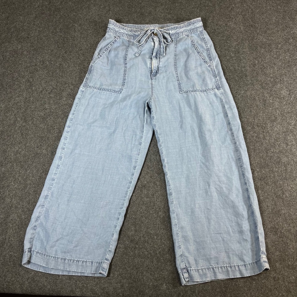 American Eagle Light Wash Lyocell Wide Leg Crop Drawstring Pants Blue 4 Short